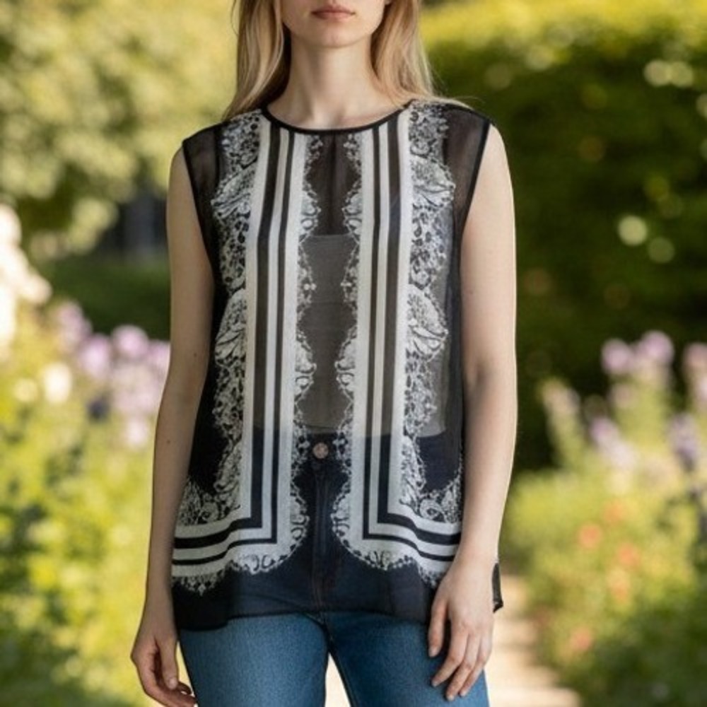Erdem Naomi Silk Layered Top Sleeveless Black Abstract Artsy Quiet Luxury Size 8